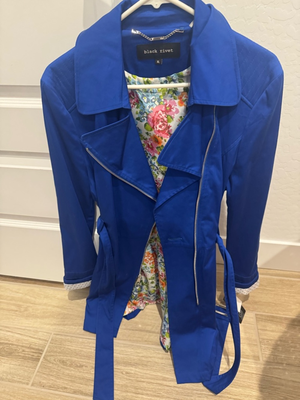 Black Rivet Cobalt Blue Belted Trench Coat